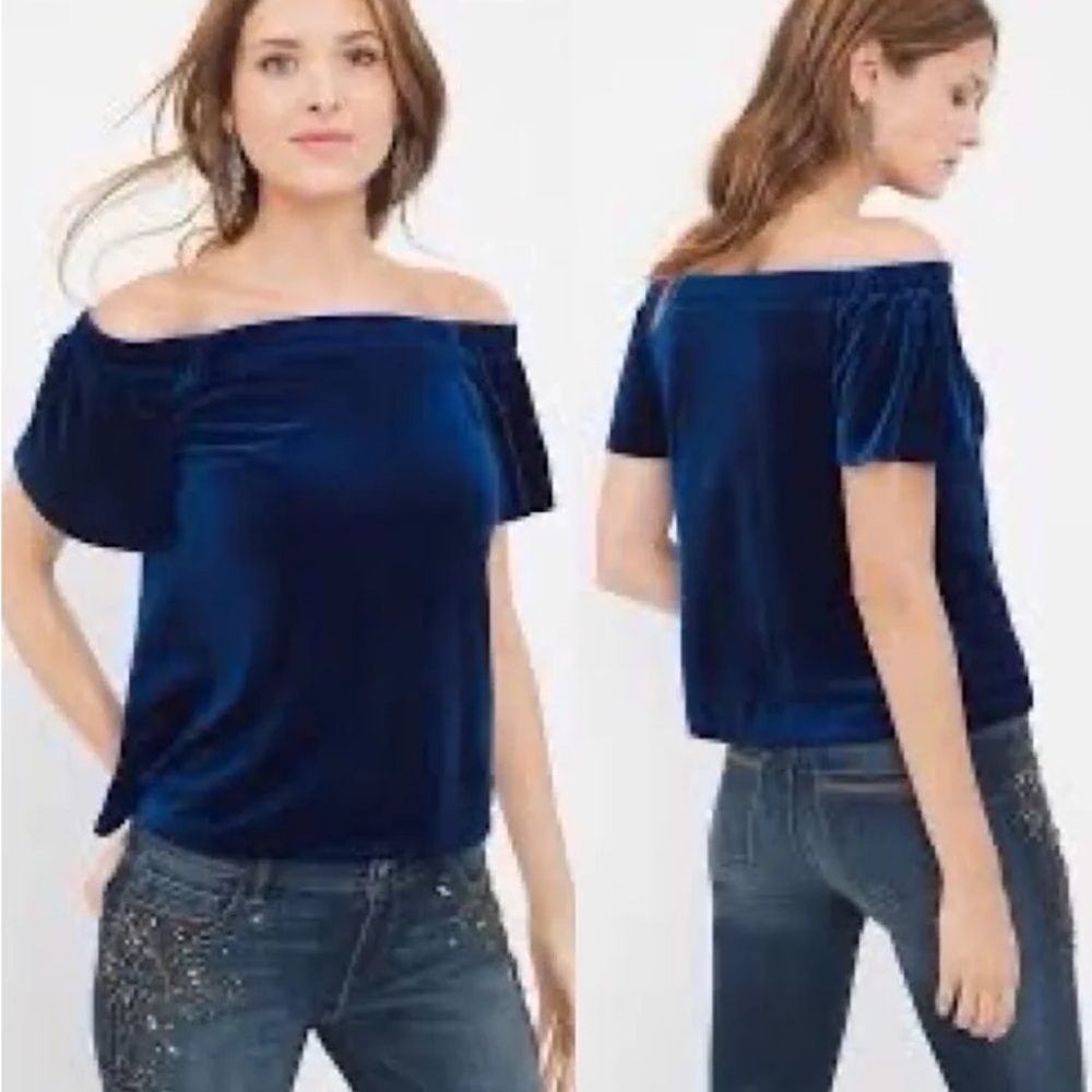 WHBM Blue Velour Short Sleeve off the shoulder top MEDIUM